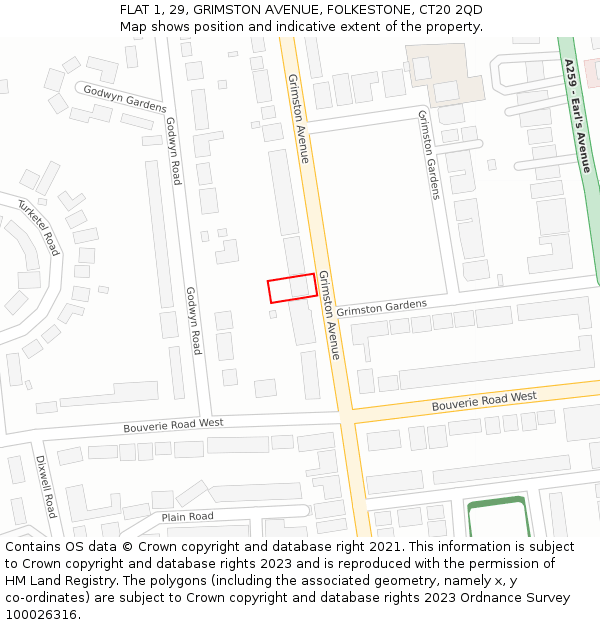 FLAT 1, 29, GRIMSTON AVENUE, FOLKESTONE, CT20 2QD: Location map and indicative extent of plot