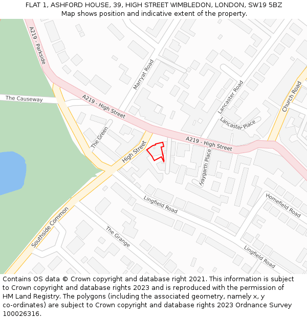 FLAT 1, ASHFORD HOUSE, 39, HIGH STREET WIMBLEDON, LONDON, SW19 5BZ: Location map and indicative extent of plot
