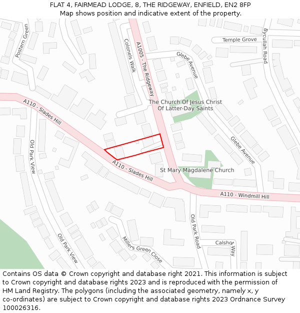 FLAT 4, FAIRMEAD LODGE, 8, THE RIDGEWAY, ENFIELD, EN2 8FP: Location map and indicative extent of plot