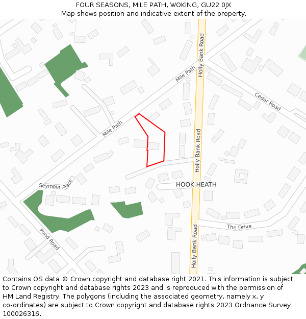 FOUR SEASONS, MILE PATH, WOKING, GU22 0JX: Location map and indicative extent of plot