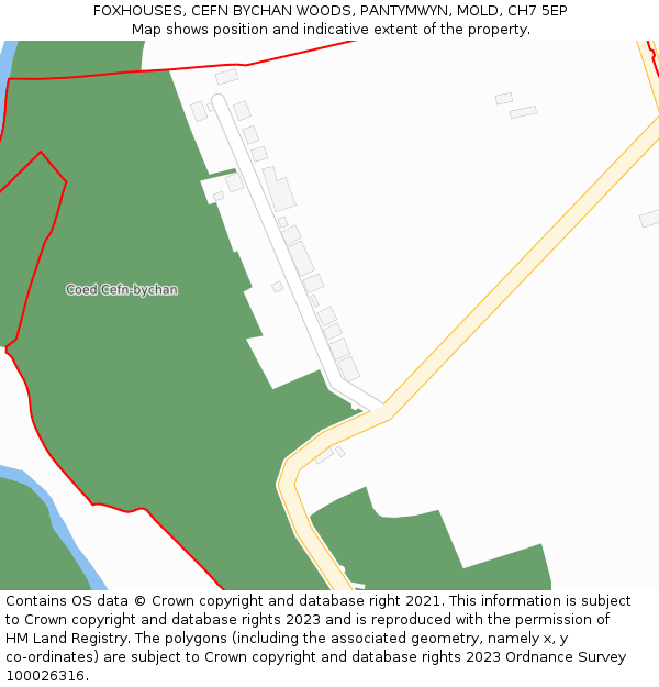 FOXHOUSES, CEFN BYCHAN WOODS, PANTYMWYN, MOLD, CH7 5EP: Location map and indicative extent of plot