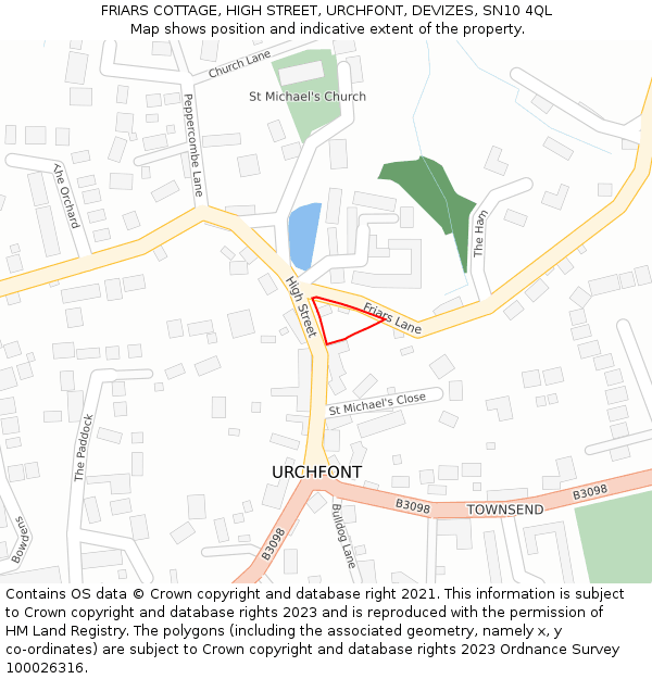 FRIARS COTTAGE, HIGH STREET, URCHFONT, DEVIZES, SN10 4QL: Location map and indicative extent of plot