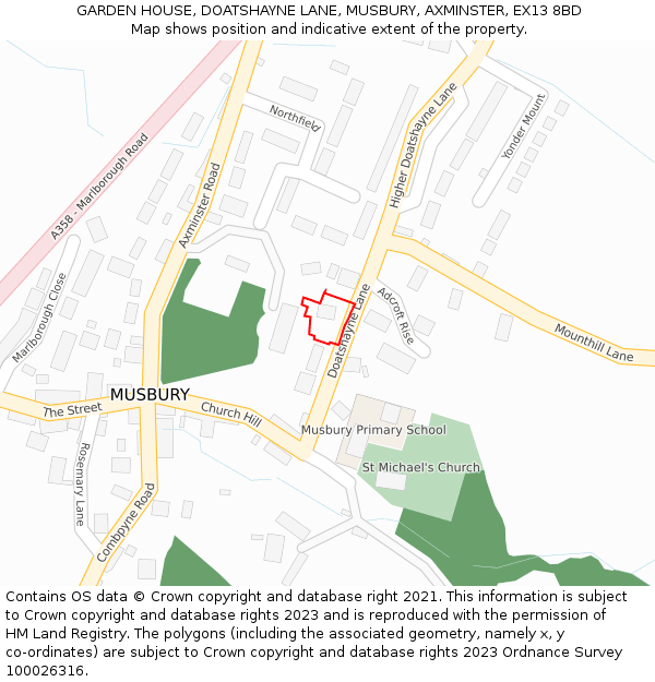 GARDEN HOUSE, DOATSHAYNE LANE, MUSBURY, AXMINSTER, EX13 8BD: Location map and indicative extent of plot