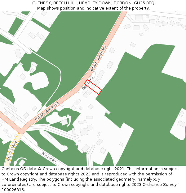 GLENESK, BEECH HILL, HEADLEY DOWN, BORDON, GU35 8EQ: Location map and indicative extent of plot