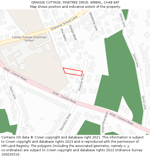 GRANGE COTTAGE, PINETREE DRIVE, WIRRAL, CH48 8AT: Location map and indicative extent of plot