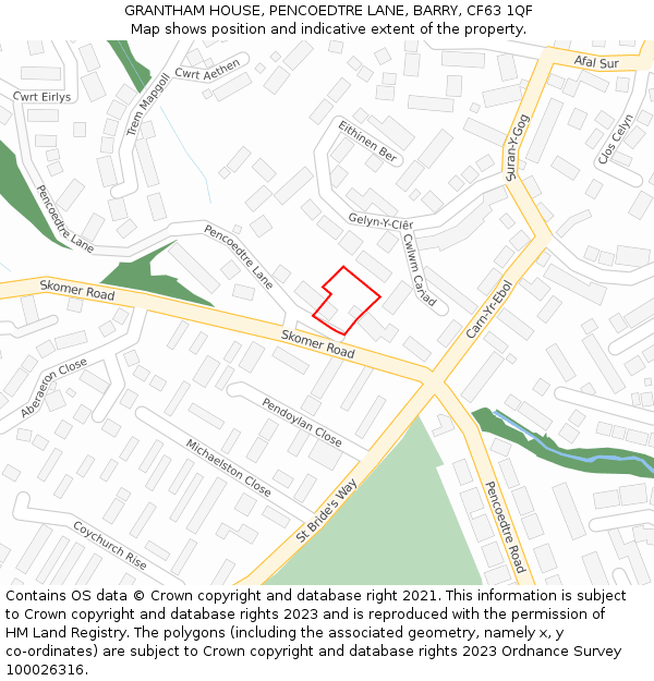 GRANTHAM HOUSE, PENCOEDTRE LANE, BARRY, CF63 1QF: Location map and indicative extent of plot