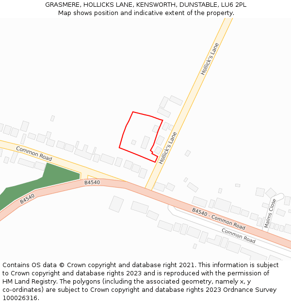 GRASMERE, HOLLICKS LANE, KENSWORTH, DUNSTABLE, LU6 2PL: Location map and indicative extent of plot