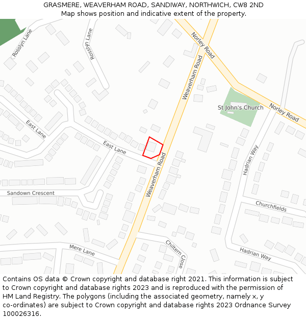 GRASMERE, WEAVERHAM ROAD, SANDIWAY, NORTHWICH, CW8 2ND: Location map and indicative extent of plot