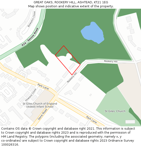 GREAT OAKS, ROOKERY HILL, ASHTEAD, KT21 1EG: Location map and indicative extent of plot