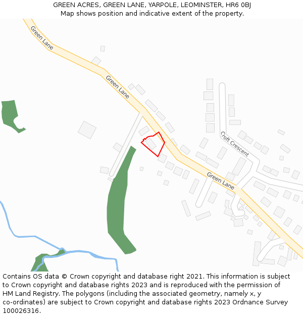 GREEN ACRES, GREEN LANE, YARPOLE, LEOMINSTER, HR6 0BJ: Location map and indicative extent of plot