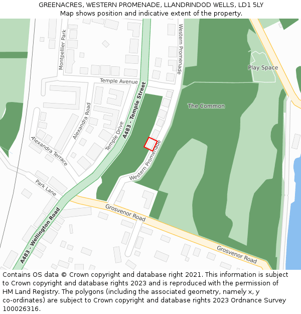 GREENACRES, WESTERN PROMENADE, LLANDRINDOD WELLS, LD1 5LY: Location map and indicative extent of plot