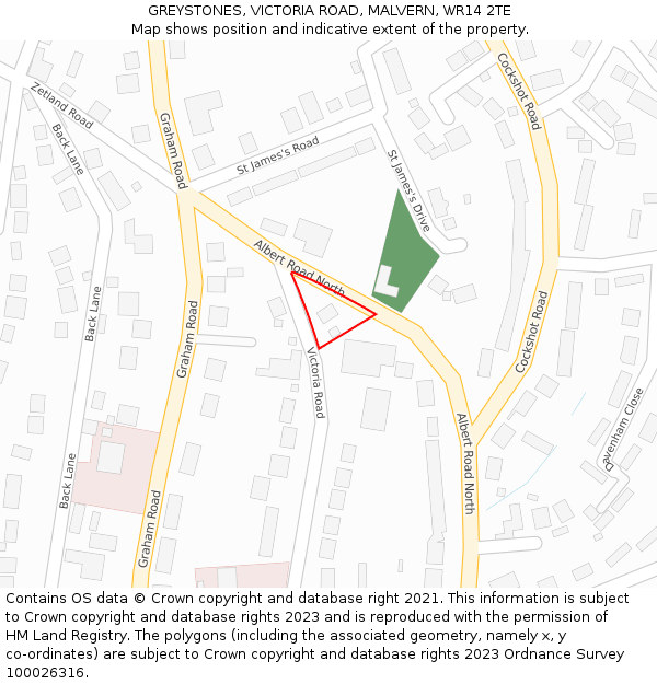 GREYSTONES, VICTORIA ROAD, MALVERN, WR14 2TE: Location map and indicative extent of plot