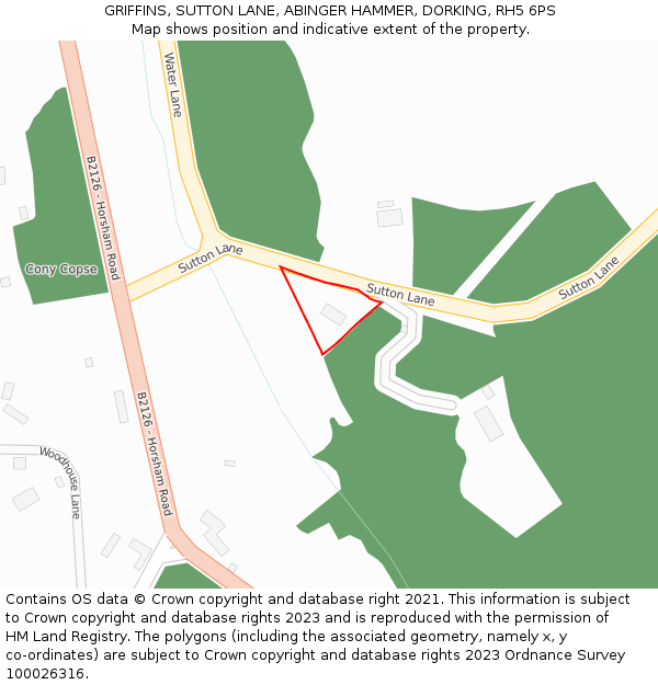 GRIFFINS, SUTTON LANE, ABINGER HAMMER, DORKING, RH5 6PS: Location map and indicative extent of plot