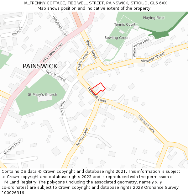 HALFPENNY COTTAGE, TIBBIWELL STREET, PAINSWICK, STROUD, GL6 6XX: Location map and indicative extent of plot