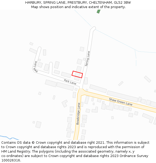 HARBURY, SPRING LANE, PRESTBURY, CHELTENHAM, GL52 3BW: Location map and indicative extent of plot