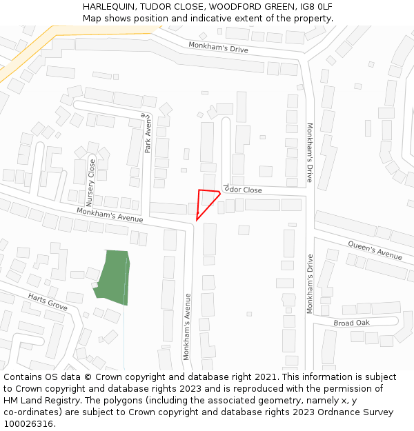 HARLEQUIN, TUDOR CLOSE, WOODFORD GREEN, IG8 0LF: Location map and indicative extent of plot
