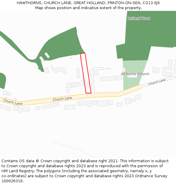 HAWTHORNS, CHURCH LANE, GREAT HOLLAND, FRINTON-ON-SEA, CO13 0JS: Location map and indicative extent of plot