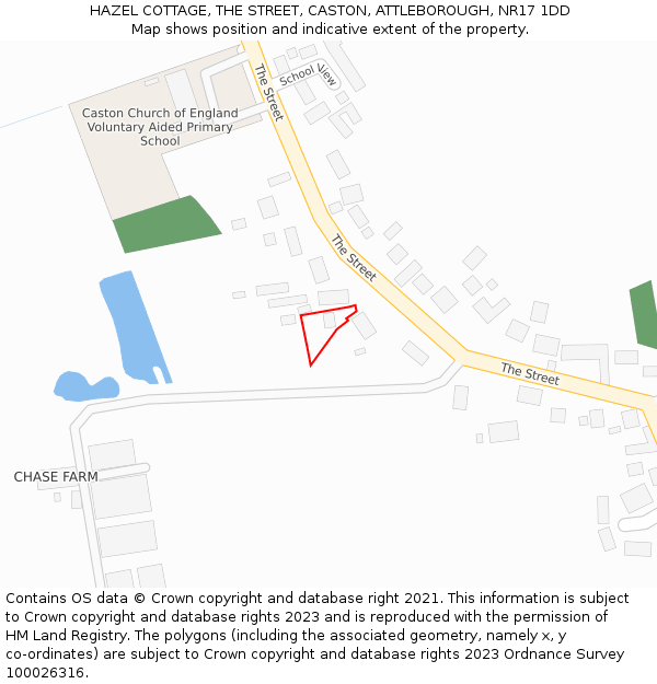 HAZEL COTTAGE, THE STREET, CASTON, ATTLEBOROUGH, NR17 1DD: Location map and indicative extent of plot