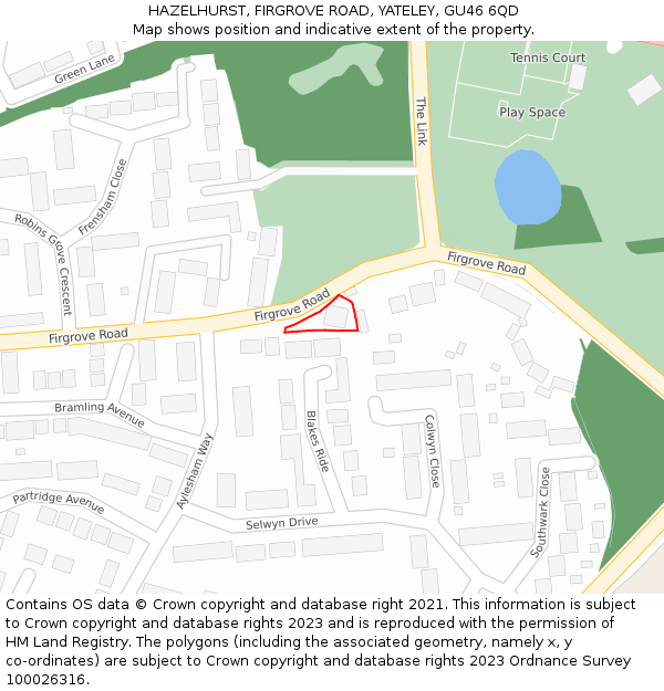 HAZELHURST, FIRGROVE ROAD, YATELEY, GU46 6QD: Location map and indicative extent of plot