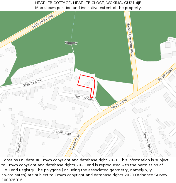 HEATHER COTTAGE, HEATHER CLOSE, WOKING, GU21 4JR: Location map and indicative extent of plot