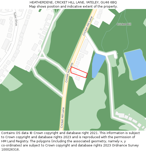 HEATHERDENE, CRICKET HILL LANE, YATELEY, GU46 6BQ: Location map and indicative extent of plot