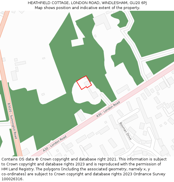 HEATHFIELD COTTAGE, LONDON ROAD, WINDLESHAM, GU20 6PJ: Location map and indicative extent of plot