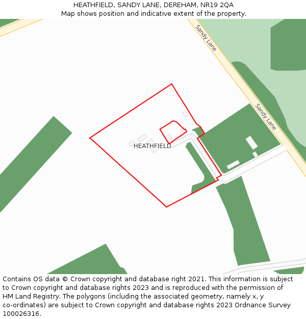 HEATHFIELD, SANDY LANE, DEREHAM, NR19 2QA: Location map and indicative extent of plot