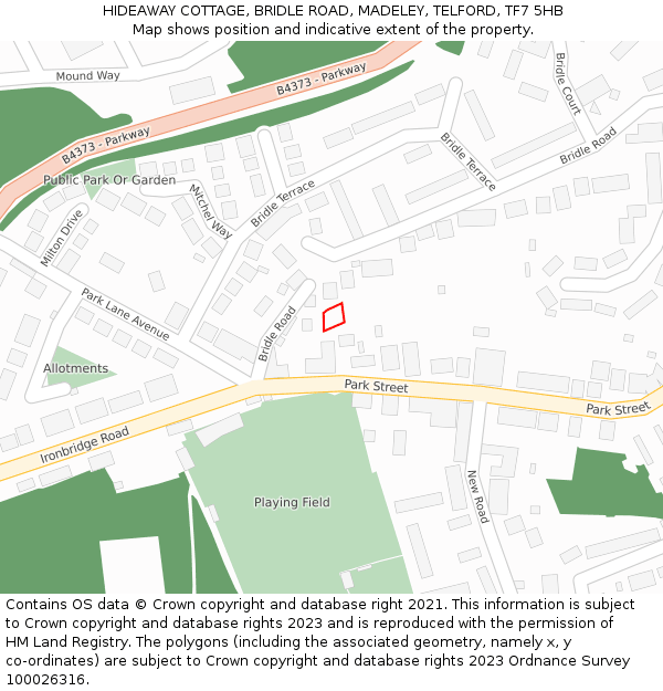 HIDEAWAY COTTAGE, BRIDLE ROAD, MADELEY, TELFORD, TF7 5HB: Location map and indicative extent of plot