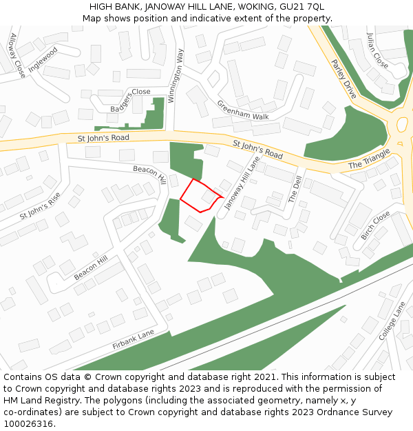 HIGH BANK, JANOWAY HILL LANE, WOKING, GU21 7QL: Location map and indicative extent of plot