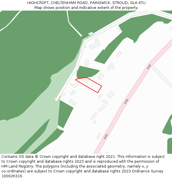 HIGHCROFT, CHELTENHAM ROAD, PAINSWICK, STROUD, GL6 6TU: Location map and indicative extent of plot