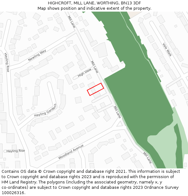 HIGHCROFT, MILL LANE, WORTHING, BN13 3DF: Location map and indicative extent of plot
