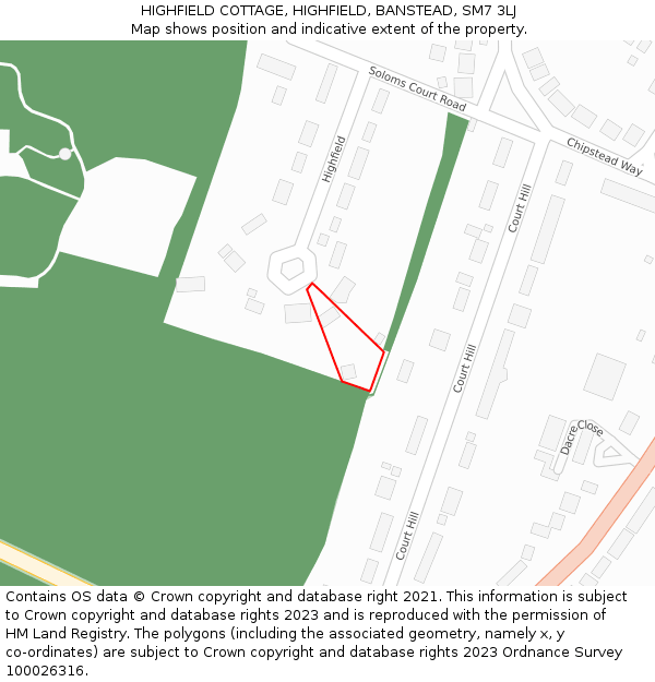 HIGHFIELD COTTAGE, HIGHFIELD, BANSTEAD, SM7 3LJ: Location map and indicative extent of plot