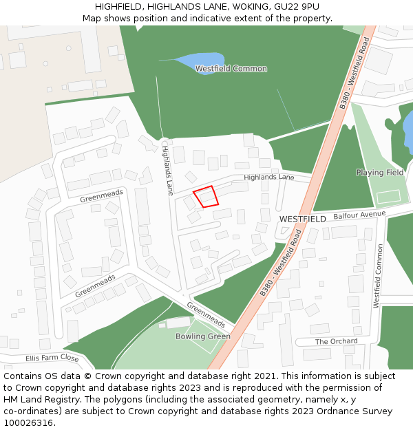 HIGHFIELD, HIGHLANDS LANE, WOKING, GU22 9PU: Location map and indicative extent of plot