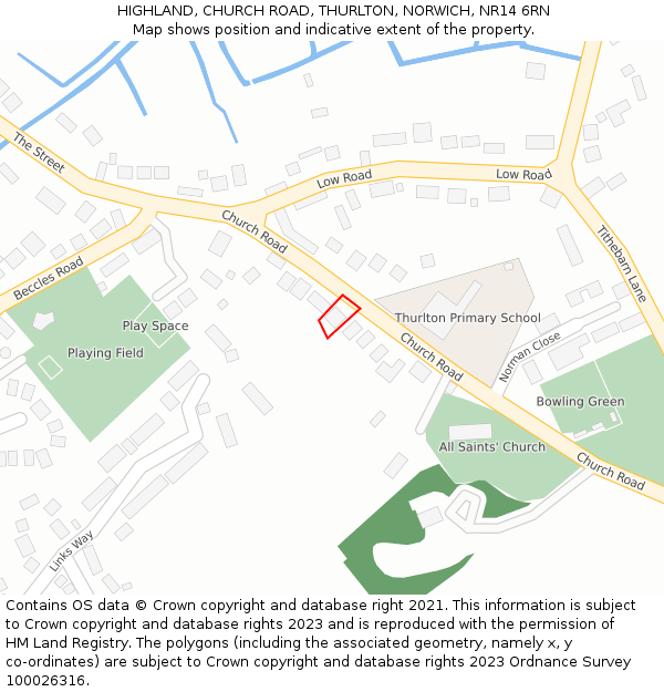 HIGHLAND, CHURCH ROAD, THURLTON, NORWICH, NR14 6RN: Location map and indicative extent of plot