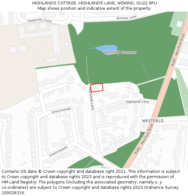 HIGHLANDS COTTAGE, HIGHLANDS LANE, WOKING, GU22 9PU: Location map and indicative extent of plot