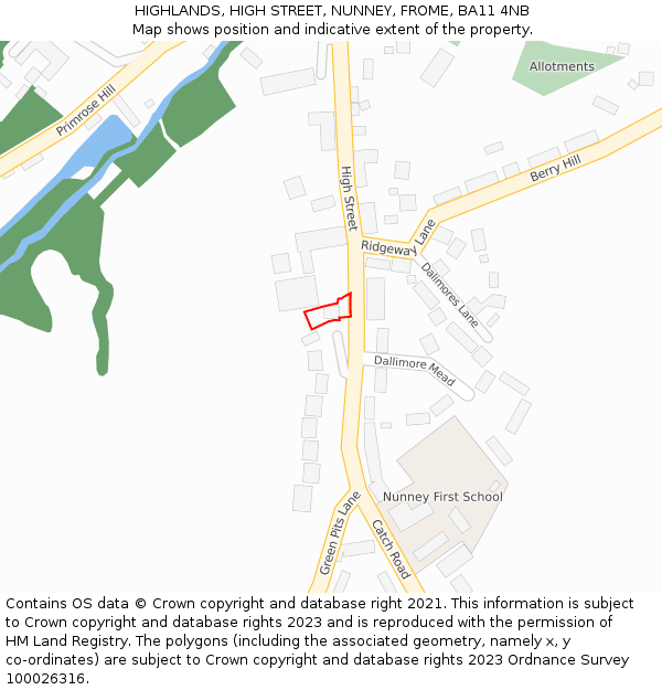HIGHLANDS, HIGH STREET, NUNNEY, FROME, BA11 4NB: Location map and indicative extent of plot