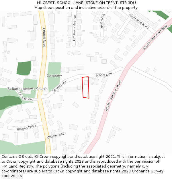 HILCREST, SCHOOL LANE, STOKE-ON-TRENT, ST3 3DU: Location map and indicative extent of plot