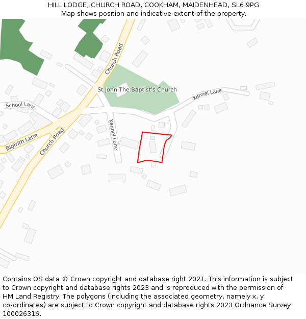 HILL LODGE, CHURCH ROAD, COOKHAM, MAIDENHEAD, SL6 9PG: Location map and indicative extent of plot