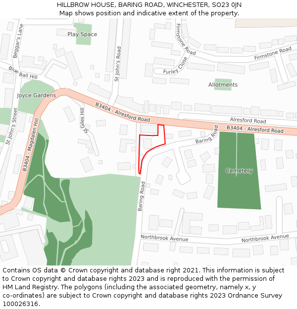 HILLBROW HOUSE, BARING ROAD, WINCHESTER, SO23 0JN: Location map and indicative extent of plot