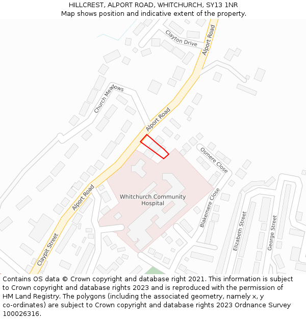 HILLCREST, ALPORT ROAD, WHITCHURCH, SY13 1NR: Location map and indicative extent of plot