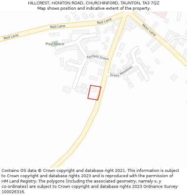 HILLCREST, HONITON ROAD, CHURCHINFORD, TAUNTON, TA3 7QZ: Location map and indicative extent of plot