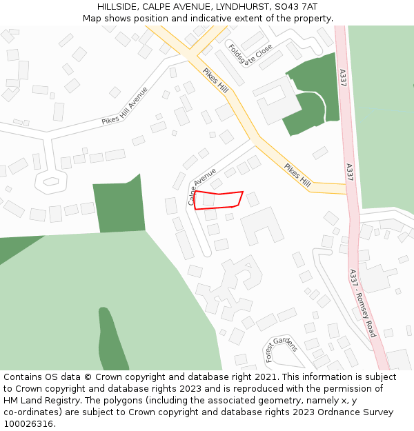 HILLSIDE, CALPE AVENUE, LYNDHURST, SO43 7AT: Location map and indicative extent of plot