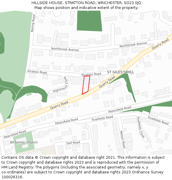 HILLSIDE HOUSE, STRATTON ROAD, WINCHESTER, SO23 0JQ: Location map and indicative extent of plot