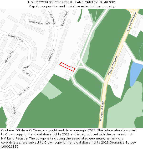 HOLLY COTTAGE, CRICKET HILL LANE, YATELEY, GU46 6BD: Location map and indicative extent of plot