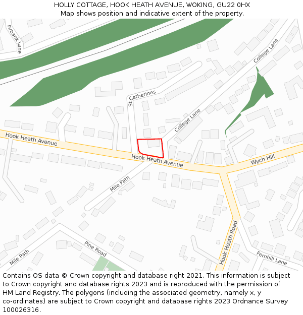 HOLLY COTTAGE, HOOK HEATH AVENUE, WOKING, GU22 0HX: Location map and indicative extent of plot