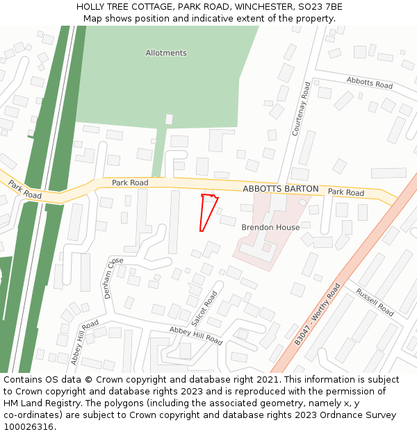 HOLLY TREE COTTAGE, PARK ROAD, WINCHESTER, SO23 7BE: Location map and indicative extent of plot