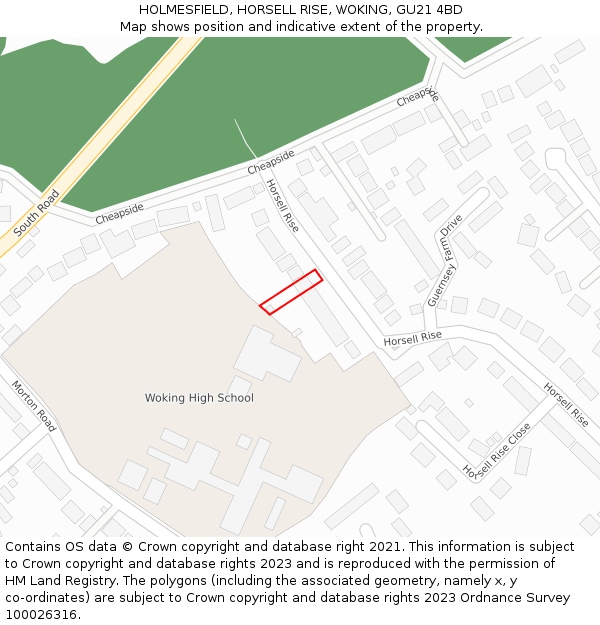 HOLMESFIELD, HORSELL RISE, WOKING, GU21 4BD: Location map and indicative extent of plot