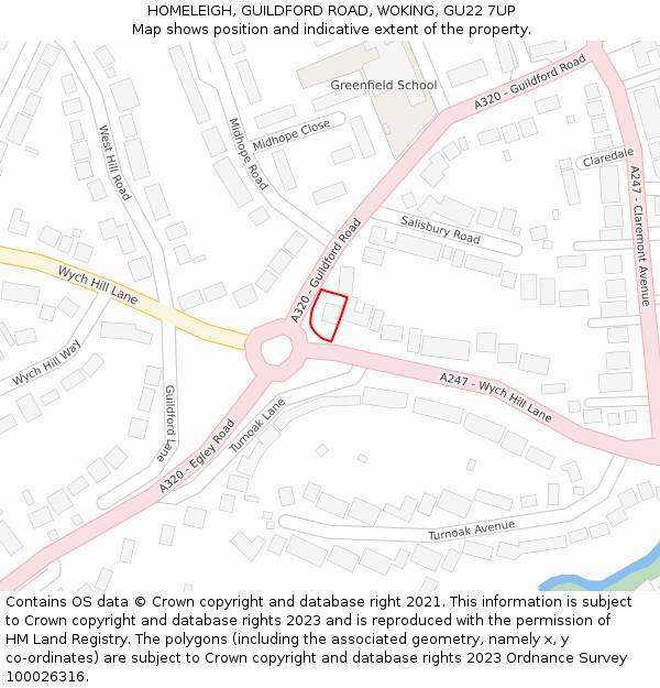 HOMELEIGH, GUILDFORD ROAD, WOKING, GU22 7UP: Location map and indicative extent of plot