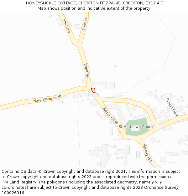 HONEYSUCKLE COTTAGE, CHERITON FITZPAINE, CREDITON, EX17 4JE: Location map and indicative extent of plot