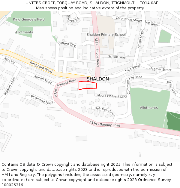 HUNTERS CROFT, TORQUAY ROAD, SHALDON, TEIGNMOUTH, TQ14 0AE: Location map and indicative extent of plot